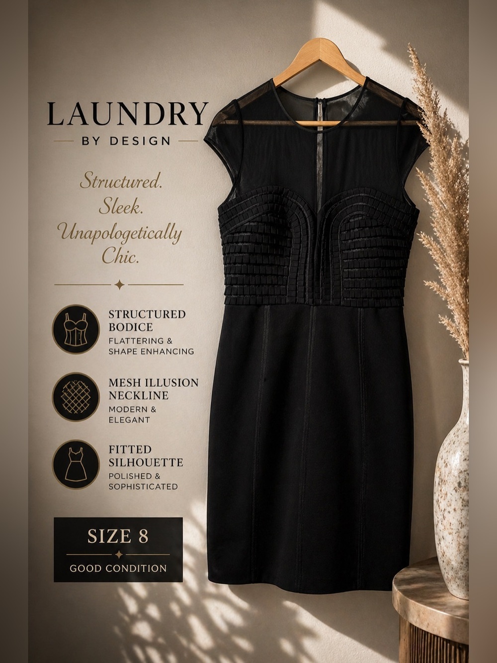 Laundry by Design Black Mesh Illusion Structured Cocktail Dress Size 8